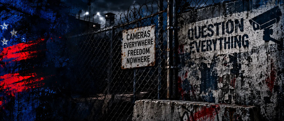 Gritty dystopian night scene featuring a barbed-wire chain-link fence in front of illuminated guard towers, a distressed American flag motif, and signs reading "CAMERAS EVERYWHERE FREEDOM NOWHERE" and "QUESTION EVERYTHING" alongside a stenciled surveillance camera graphic.